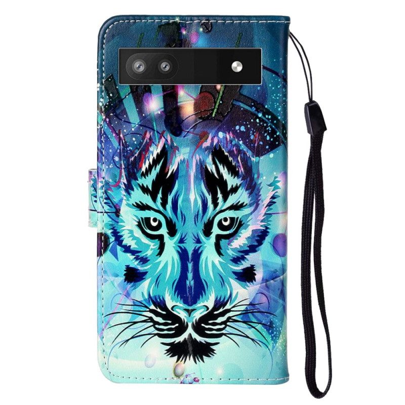 Flip Case Für Google Pixel 7A Mit Kordel Bunter Tiger Mit Schlüsselband